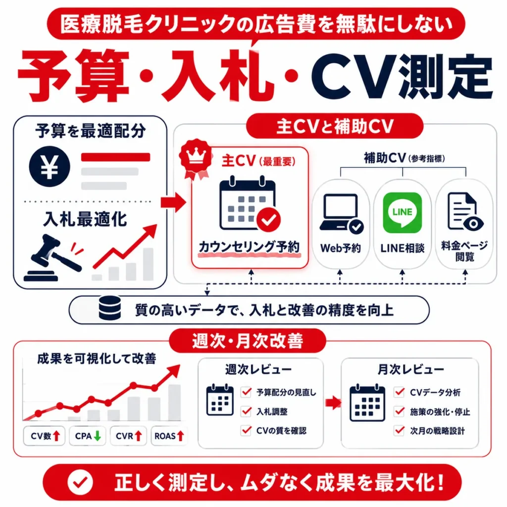 measurement.webp
医療脱毛広告の予算配分、入札最適化、主CVと補助CVの測定を示すイラスト