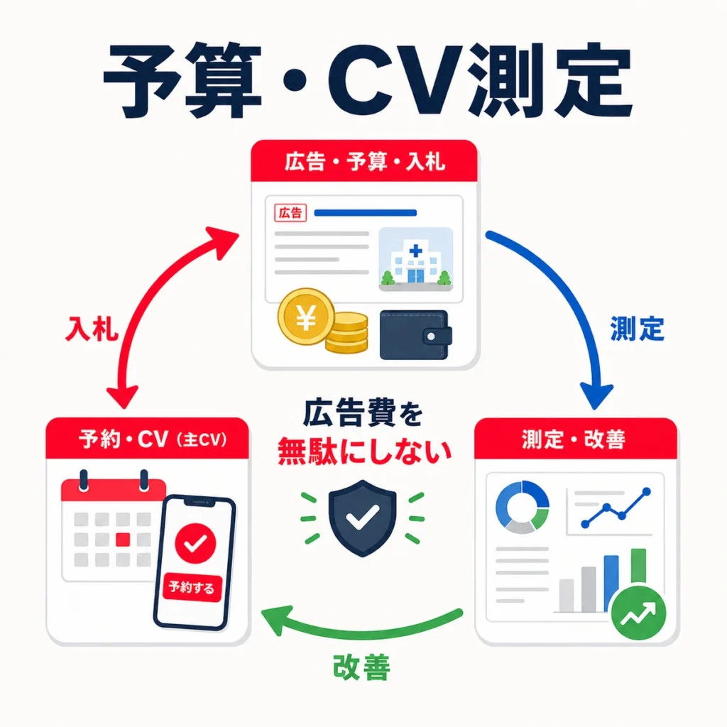 予算・入札・CV測定を回して広告費を無駄にしない改善サイクルを示すイラスト