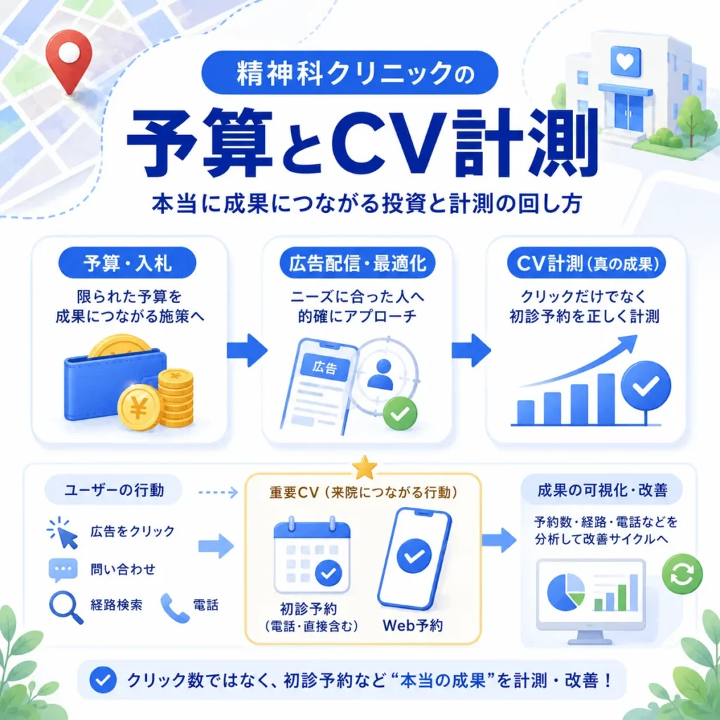 精神科クリニックの広告予算や入札、初診予約とWeb予約を中心にしたCV計測を示すイラスト