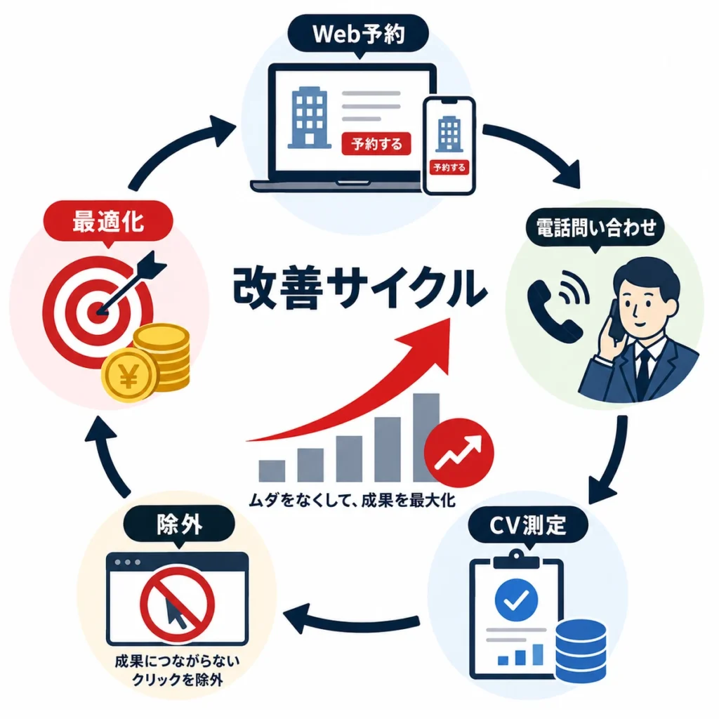Web予約や電話問い合わせのCV測定から除外と最適化を行う改善サイクルを示すイラスト