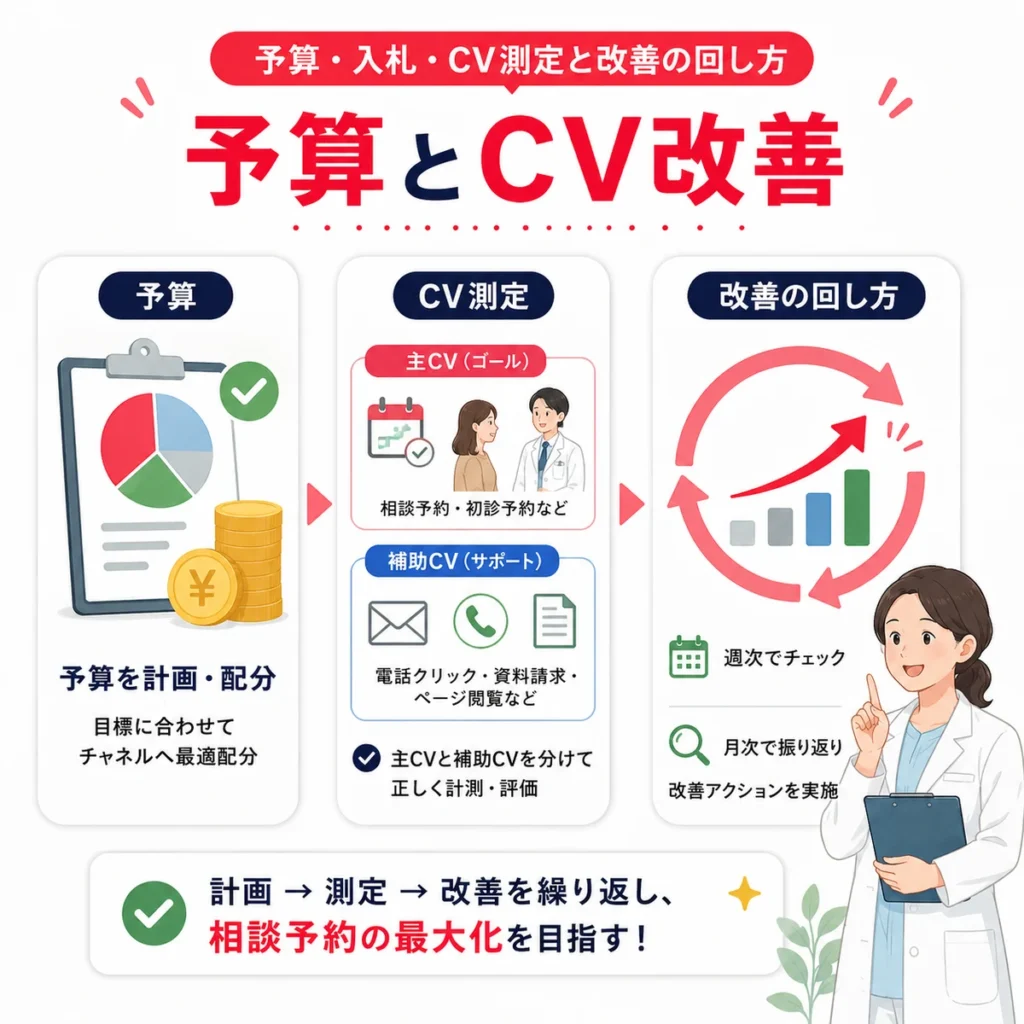 児童精神科・発達障害クリニックの広告予算、CV測定、改善サイクルを示すイラスト