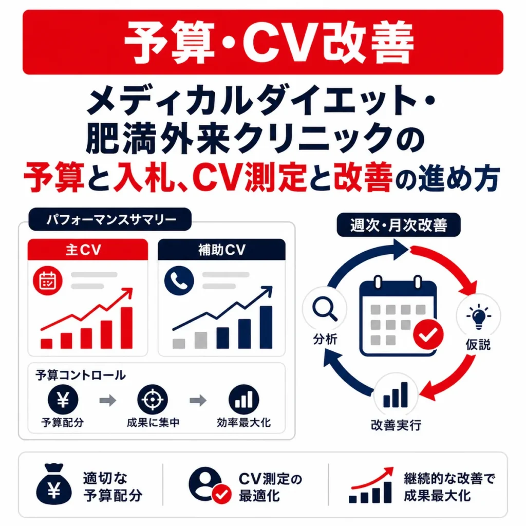 予算配分、主CVと補助CVの測定、週次・月次改善による広告運用の進め方を示すイラスト