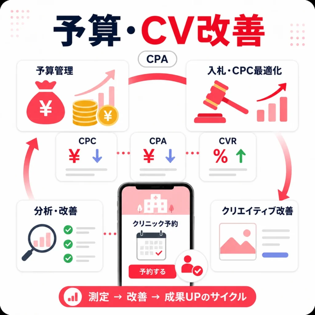 予算管理とCV測定をもとに広告運用を改善するサイクルを示すイラスト