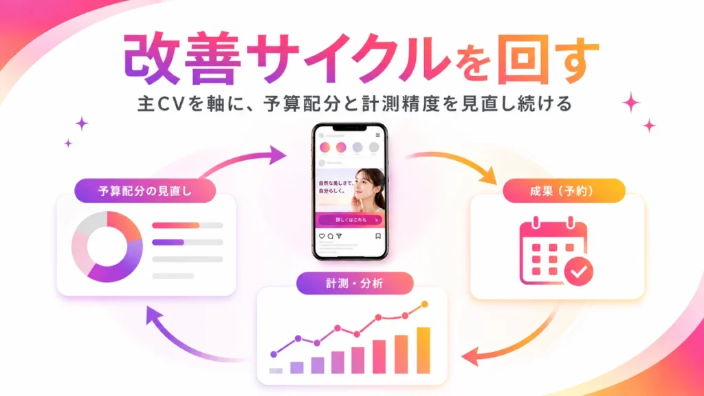予算配分とCV測定を見直すInstagram広告の改善サイクルを示すイラスト