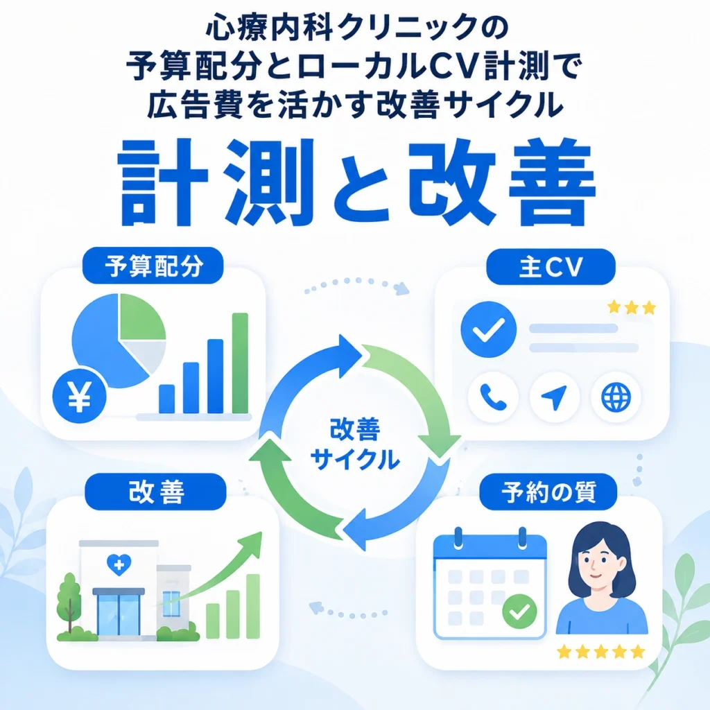 予算配分とローカルCV計測で心療内科クリニックの広告改善サイクルを回すイラスト