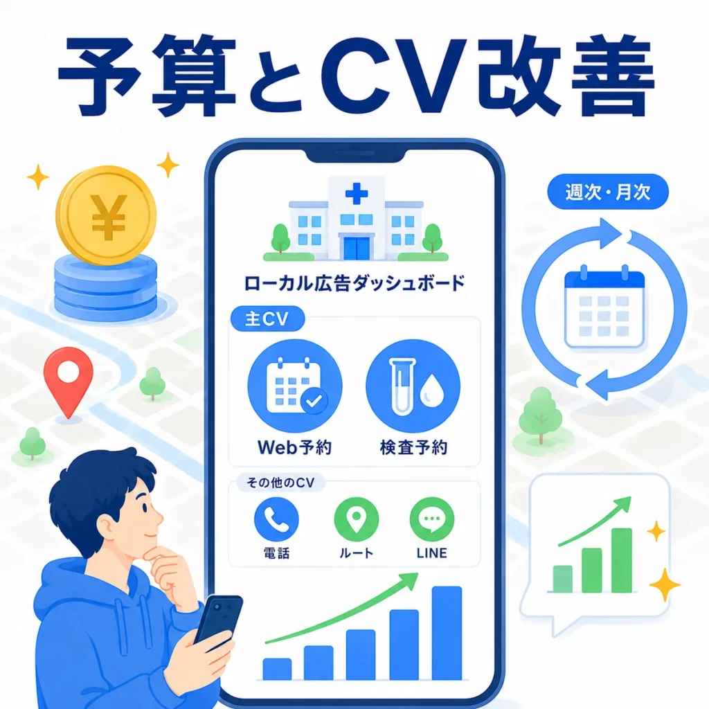広告予算とWeb予約・検査予約などのCVを確認し、週次・月次で改善するサイクルを示すイラスト