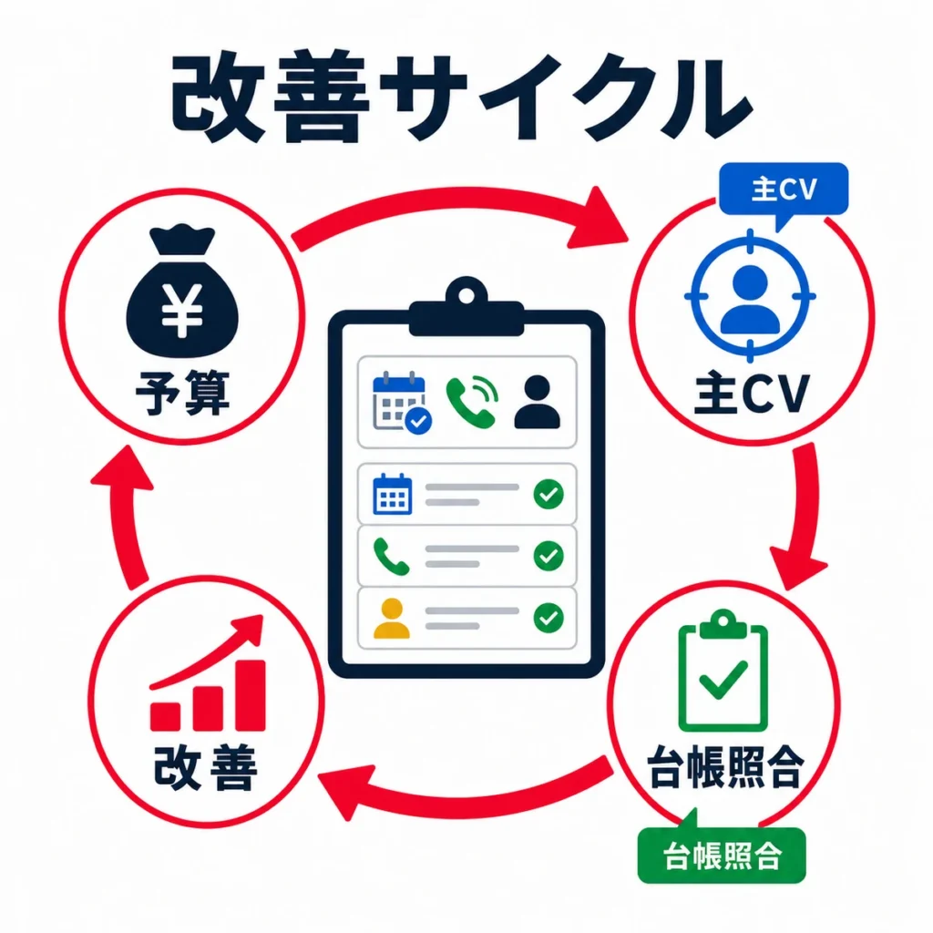 予算・主CV・予約台帳照合・改善を循環させる整形外科広告の改善サイクルを示すイラスト