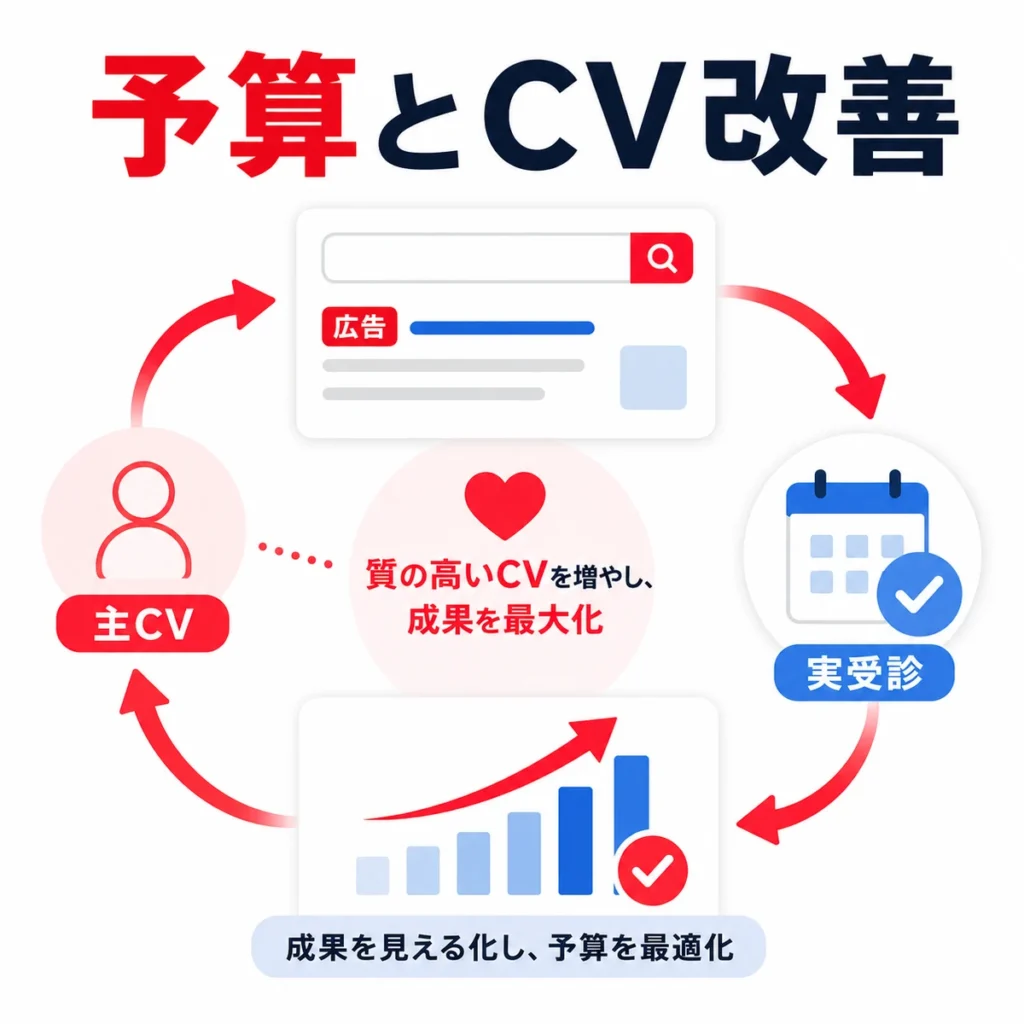 診療予約の質を主CVとして予算とCV測定を改善するサイクルを示すイラスト