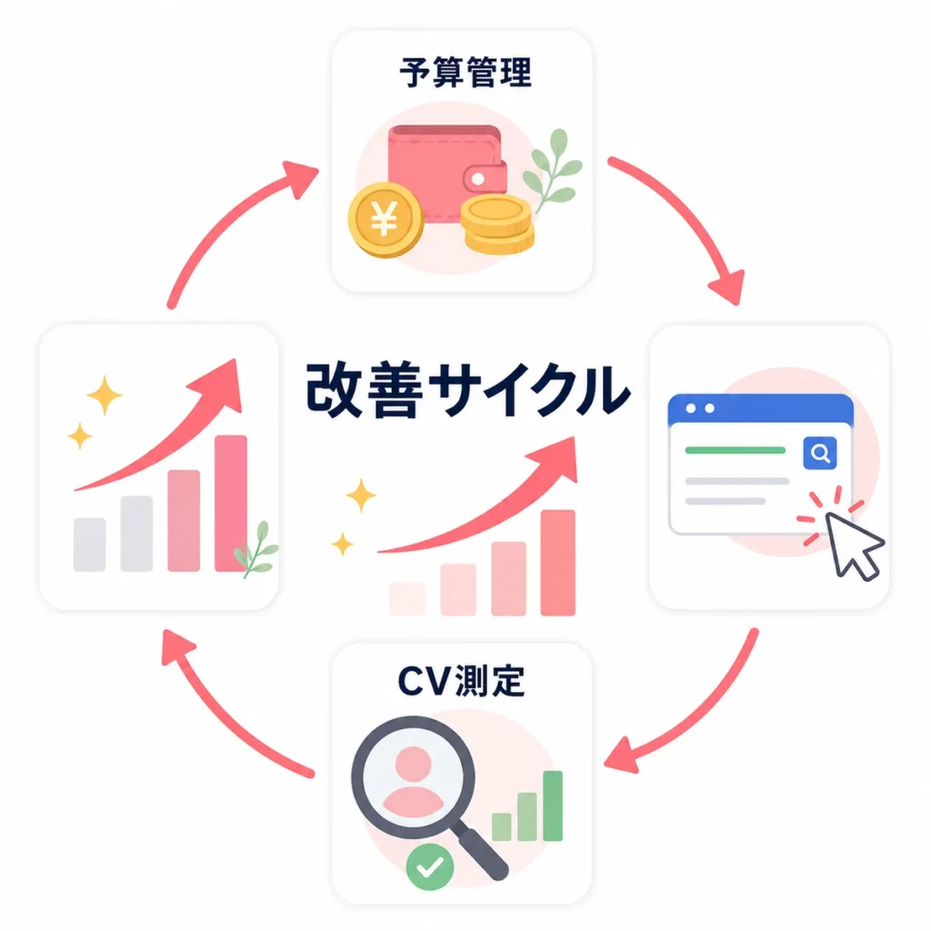 乳腺外科クリニックの広告予算管理とCV測定をもとに改善サイクルを回す流れを示すイラスト
