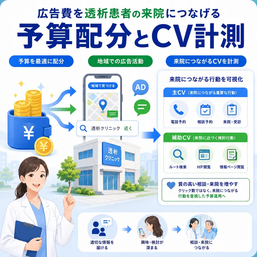 広告費を透析患者の来院につなげるための予算配分と主CV・補助CV計測を示すイラスト
