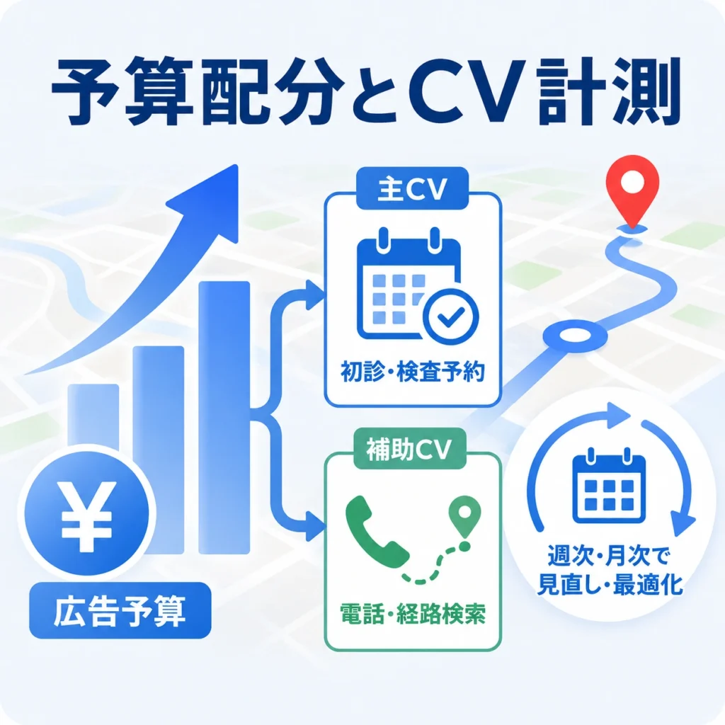 広告予算を主CVと補助CVに分けて計測し、週次・月次で改善する流れを示すイラスト
