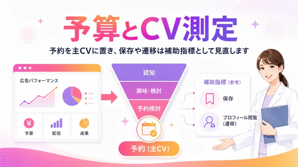 眼科広告の予算管理とCV測定を分かりやすく示すイラスト