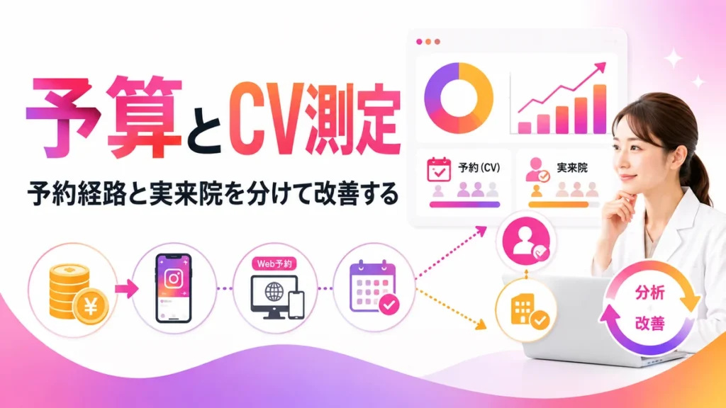 皮膚科Instagram広告の予算配分とCV測定・改善の流れを示すイラスト