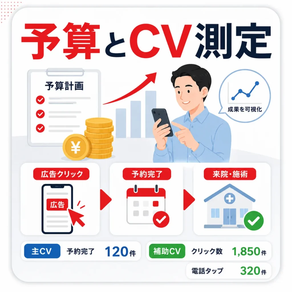 Yahoo!広告の予算計画と主CV・補助CVの測定を可視化したイラスト