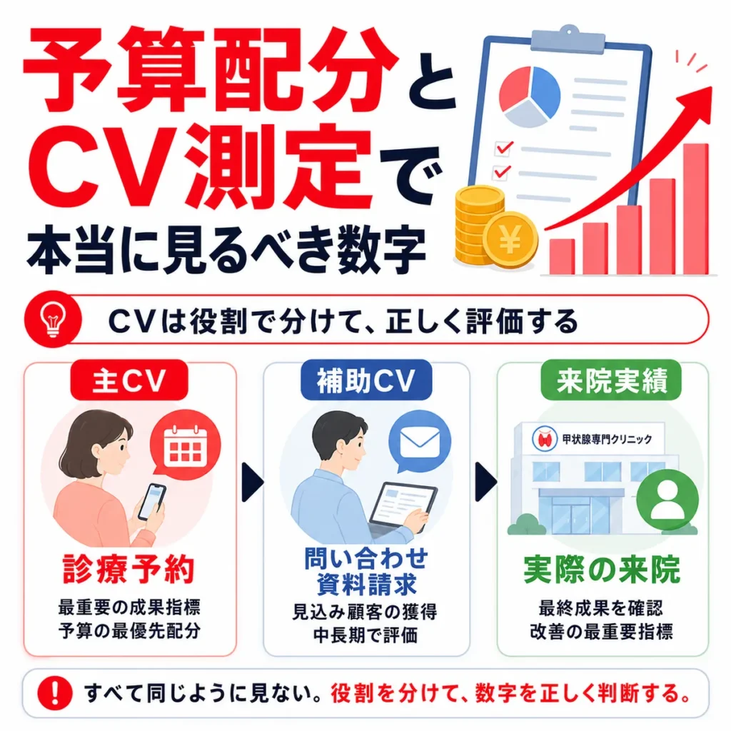 甲状腺専門クリニックの広告運用で主CV・補助CV・来院実績を分けて評価する考え方を示すイラスト