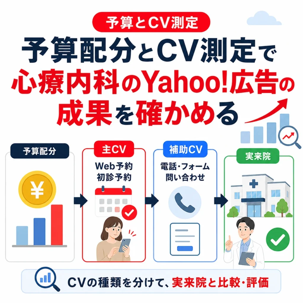 心療内科のYahoo!広告で予算配分、主CV、補助CV、実来院を分けて測定する流れを示すイラスト