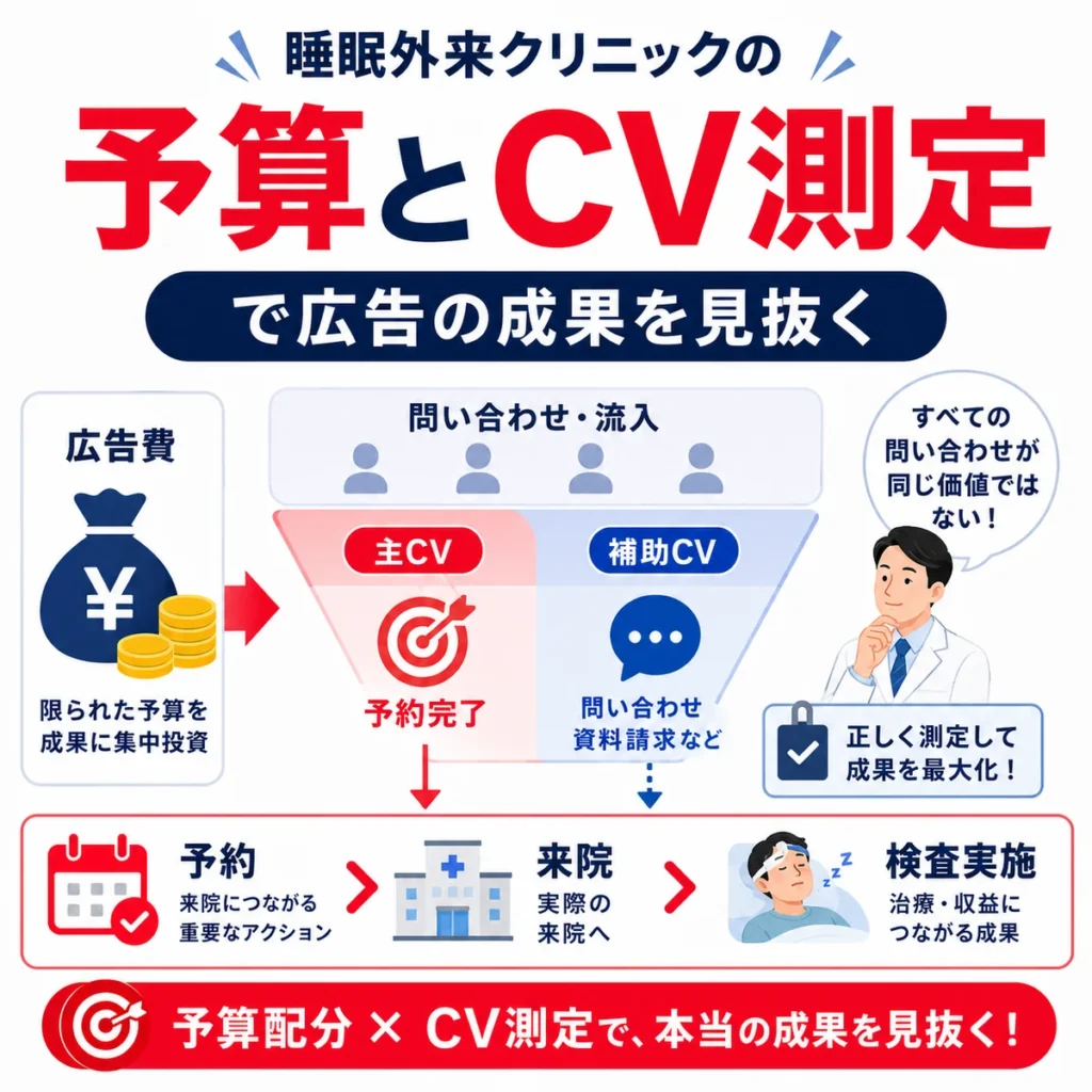 睡眠外来クリニックの広告予算配分と主CV・補助CVの測定で成果を見抜く考え方を示すイラスト