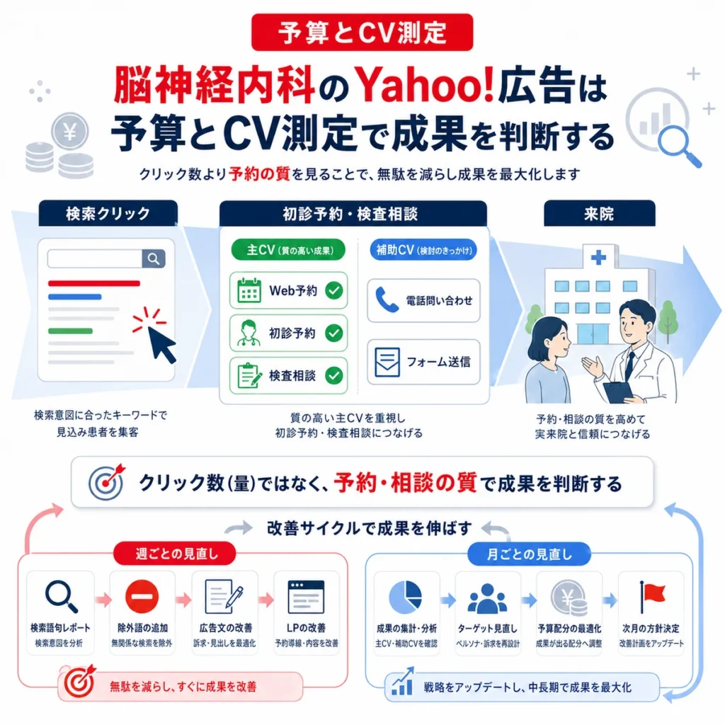 Yahoo!広告の成果をクリック数ではなく初診予約、検査相談、来院につながるCV測定で判断するイラスト