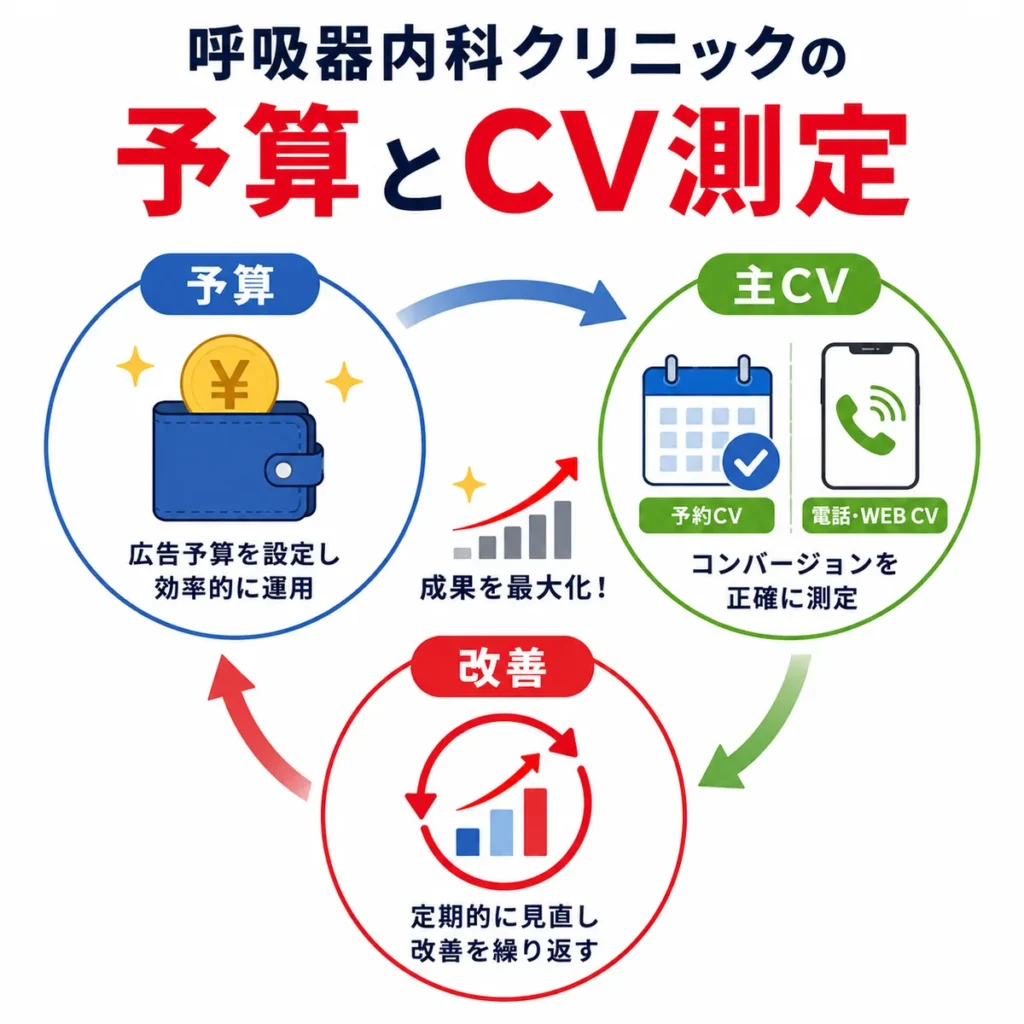 呼吸器内科クリニックの広告予算、主CV測定、改善サイクルを整理して成果を高めるイラスト