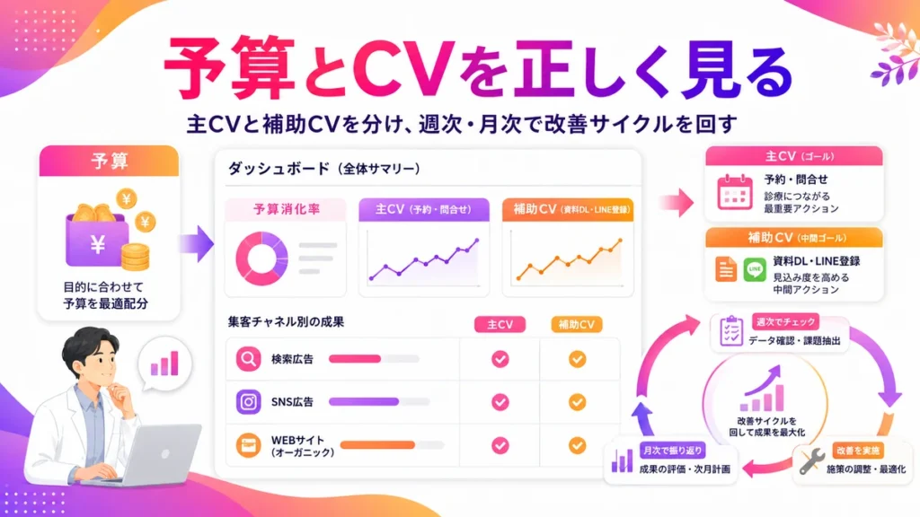 予算配分とCV測定、改善サイクルを整理したダッシュボード図