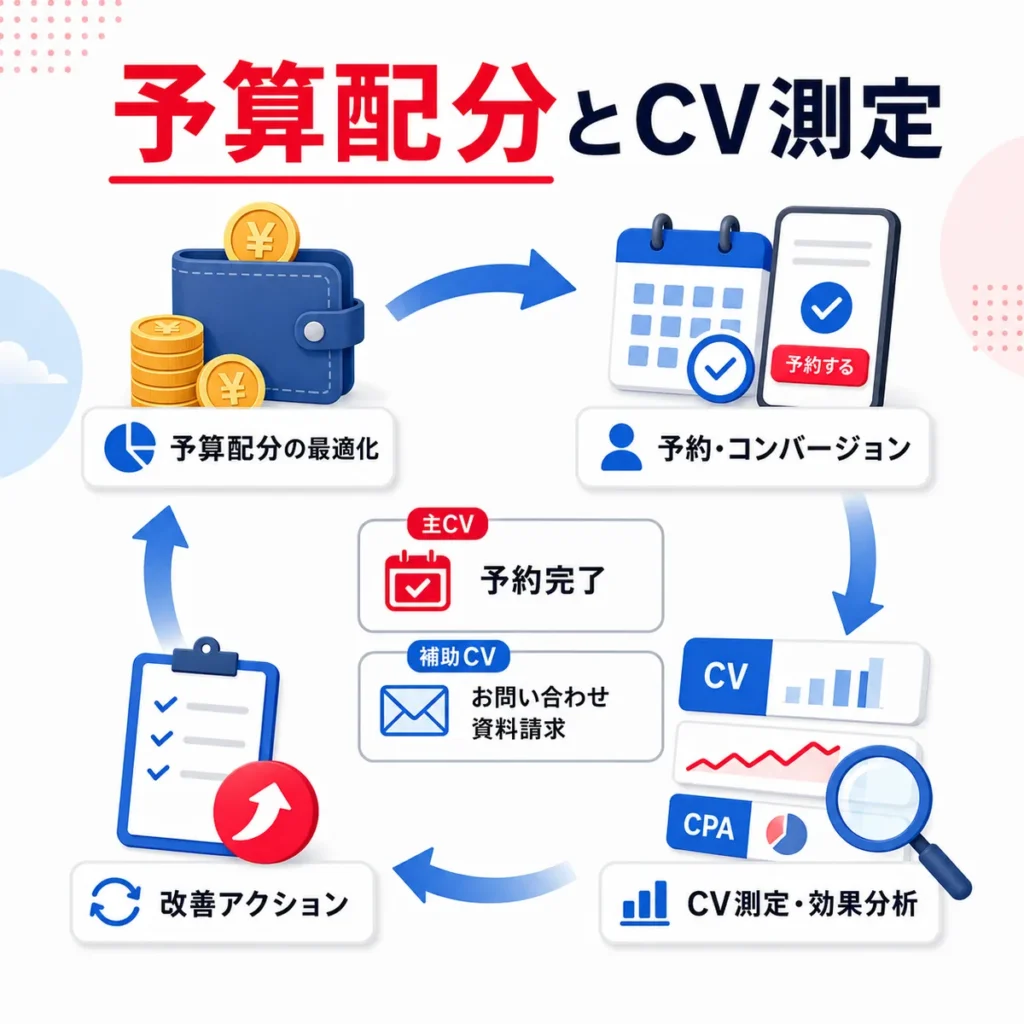 眼科クリニックの広告予算配分とCV測定による改善サイクルを示すイラスト