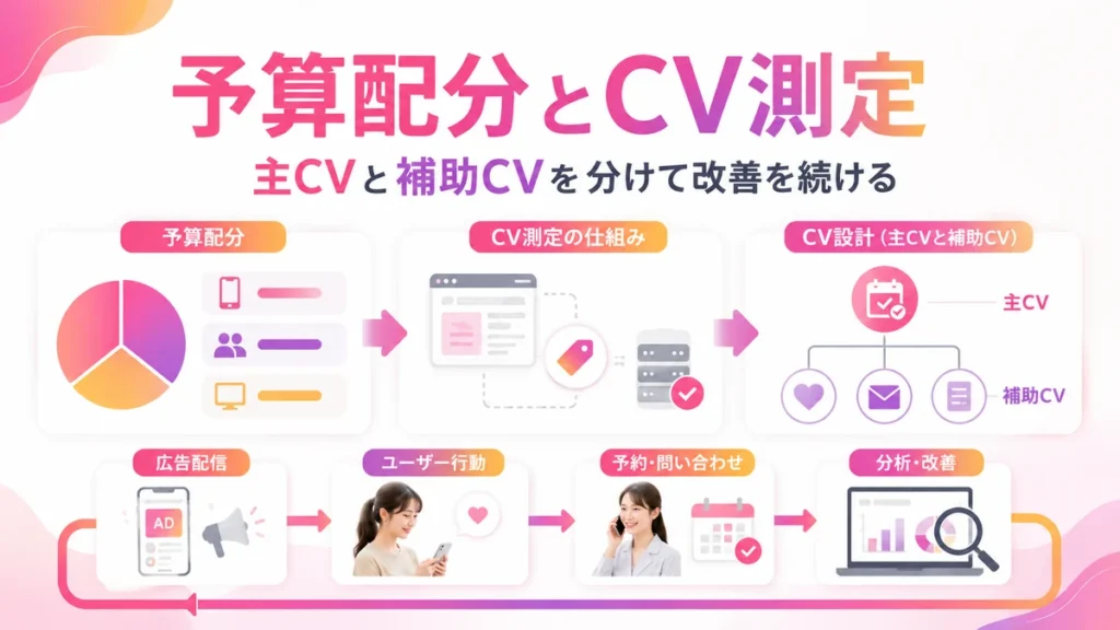 広告費の予算配分とCV測定、改善サイクルを示すイラスト