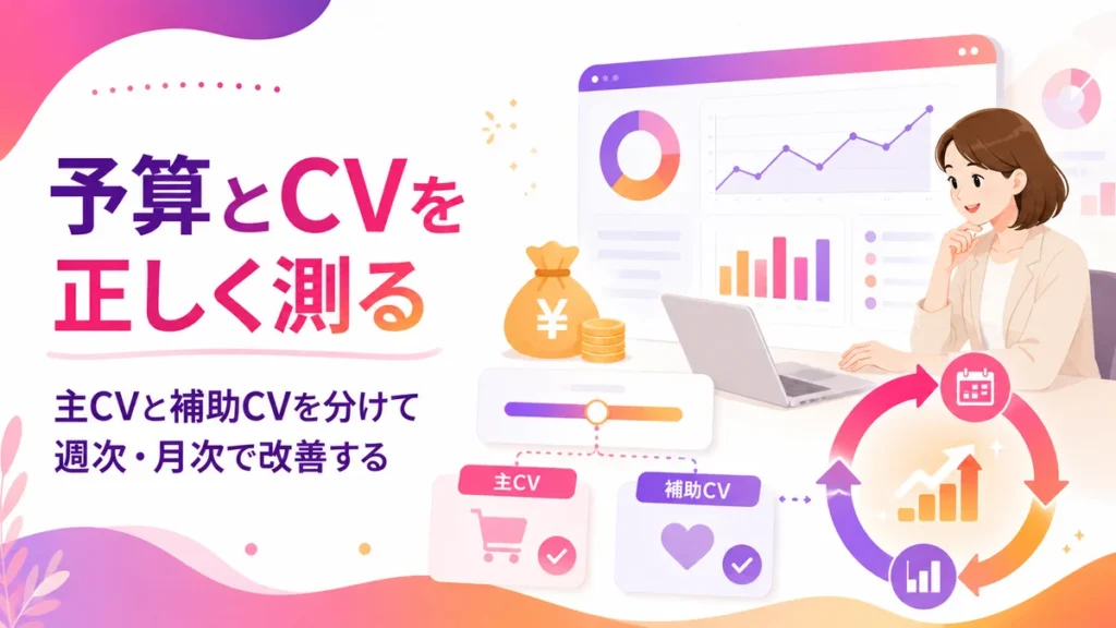Instagram広告の予算とCV測定、改善サイクルを示すイラスト