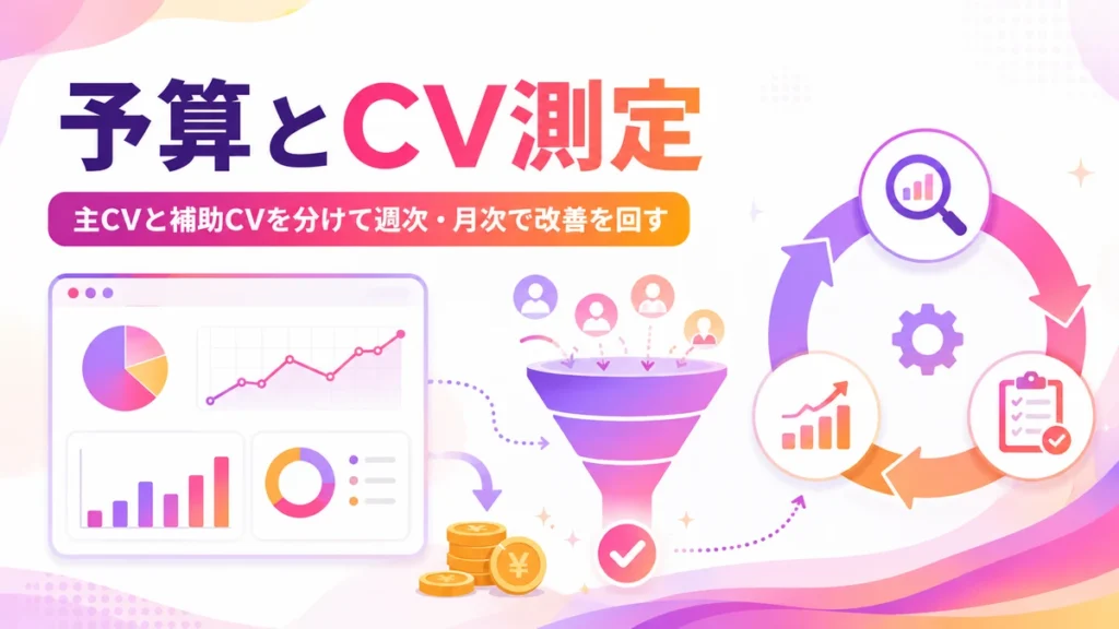 広告費を無駄にしない予算管理とCV測定の改善サイクルを示すイラスト
