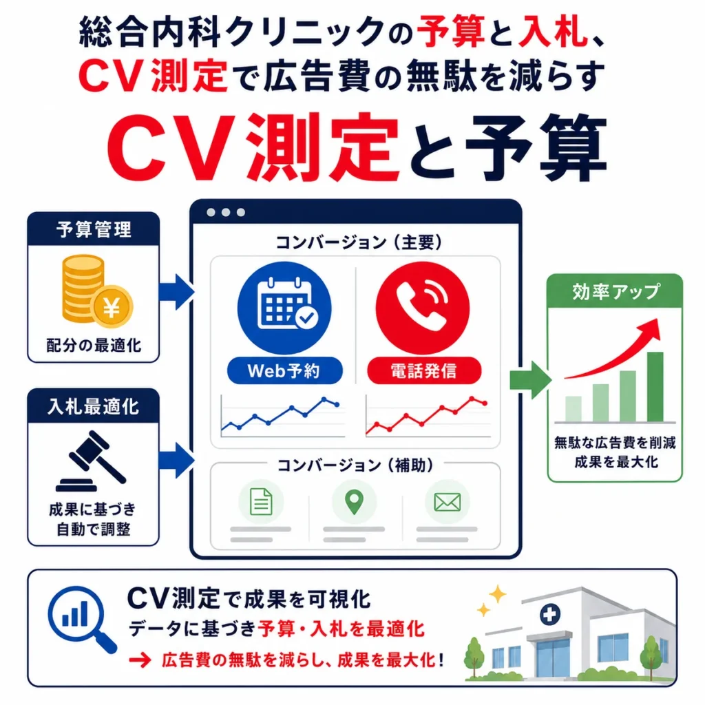 Web予約や電話発信のCV測定と予算・入札最適化で広告費の無駄を減らす流れを示すイラスト