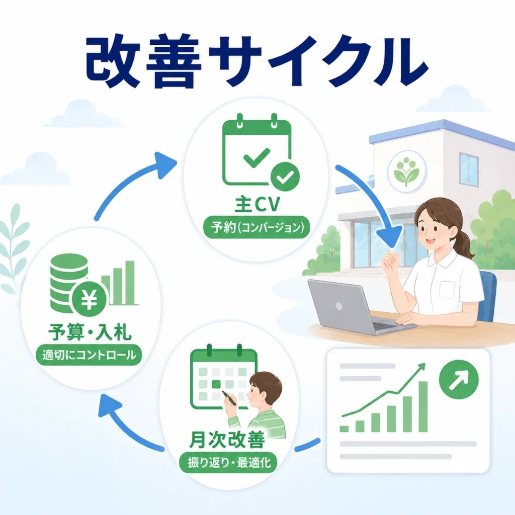 予算・入札、主CV、月次改善を回して広告成果を高める改善サイクルのイラスト