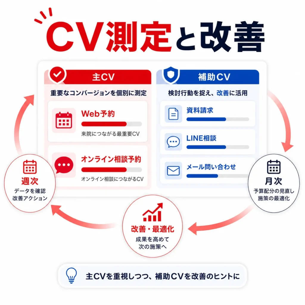 メンズヘルスクリニックの主CVと補助CVを分けて測定し改善サイクルを回すイラスト