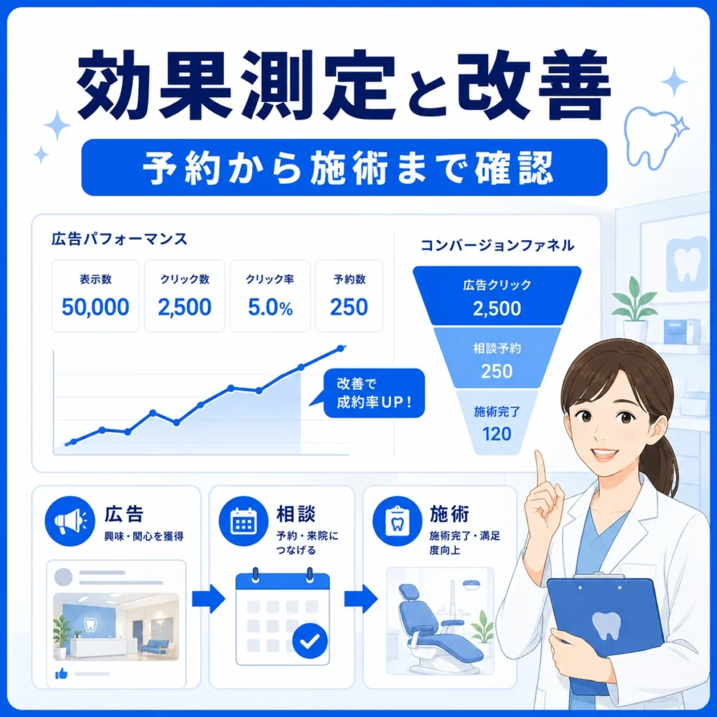 審美歯科Facebook広告の効果測定と予約から施術までの改善指標を示すイラスト