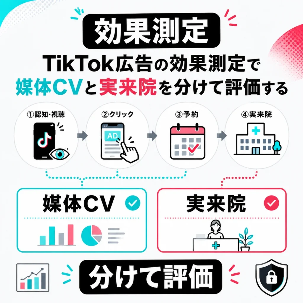TikTok広告の媒体CVと実来院を分けて効果測定する流れを示すイラスト