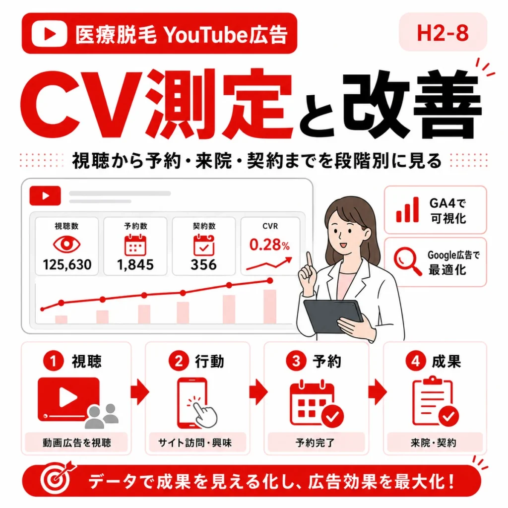 医療脱毛YouTube広告のCV測定とGA4・Google広告改善を段階別に示すイラスト