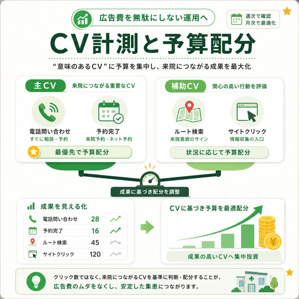 主CVと補助CVを分けて計測し、広告予算を成果につながる行動へ配分する流れを示すイラスト