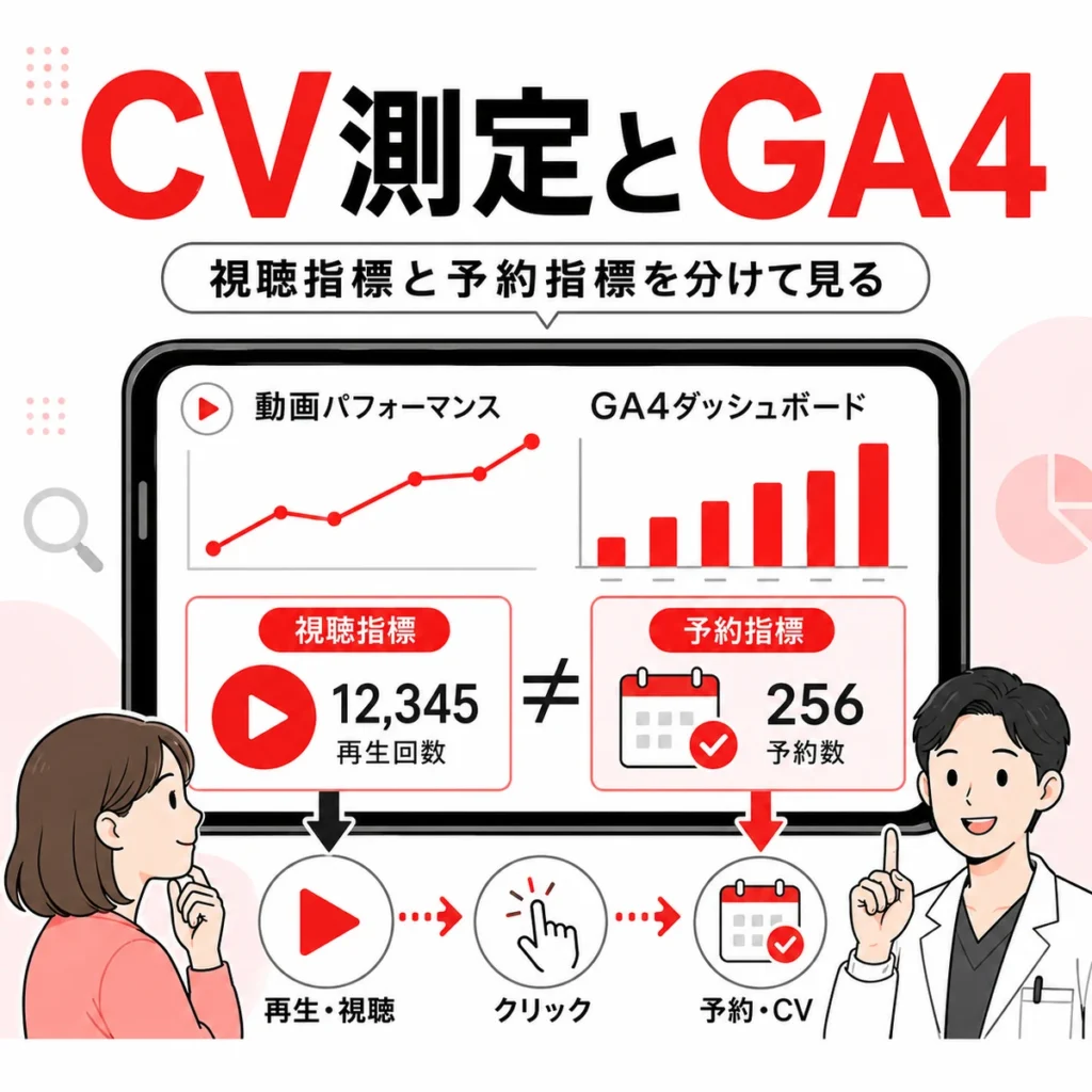 YouTube広告の視聴指標と予約指標をGA4で分けて確認するイラスト
