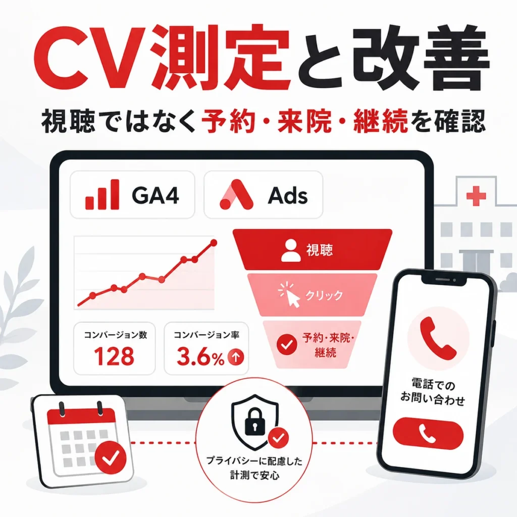 YouTube広告のCV測定やGA4、Google広告で予約や来院を改善する流れを示すイラスト