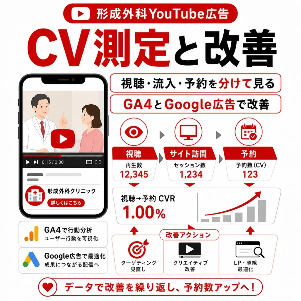 形成外科YouTube広告の視聴、流入、予約を分けてCV測定しGA4とGoogle広告で改善する流れを示すイラスト