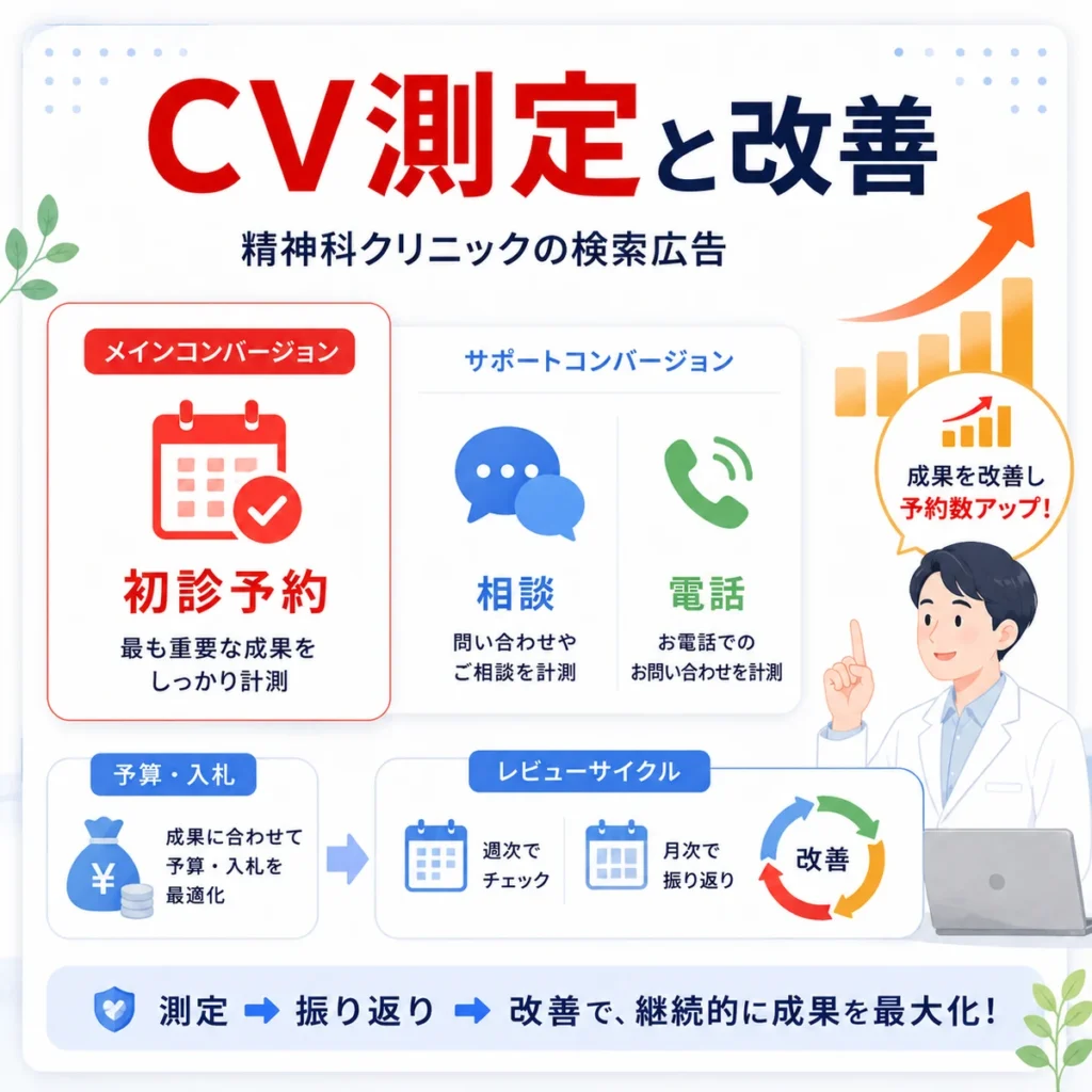 初診予約や相談CVを分けて測定し広告運用を改善する流れを示すイラスト