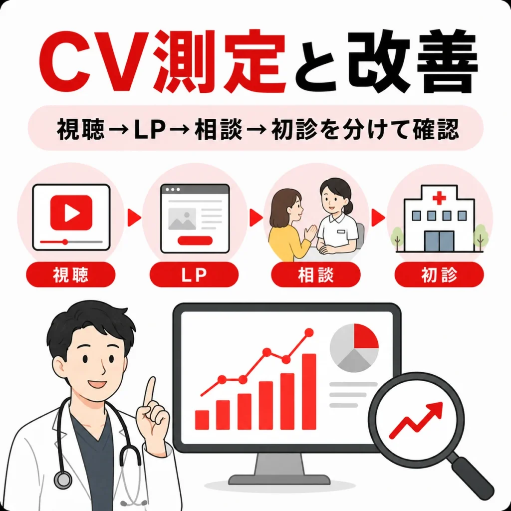 視聴から遷移、予約までのCV測定とGA4による改善の流れを示すイラスト