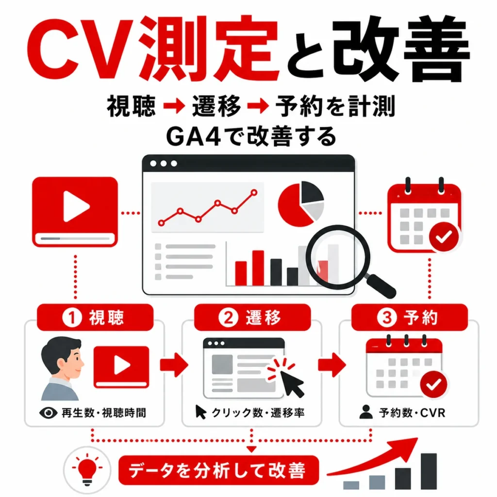 視聴から遷移、予約までのCV測定とGA4による改善の流れを示すイラスト
