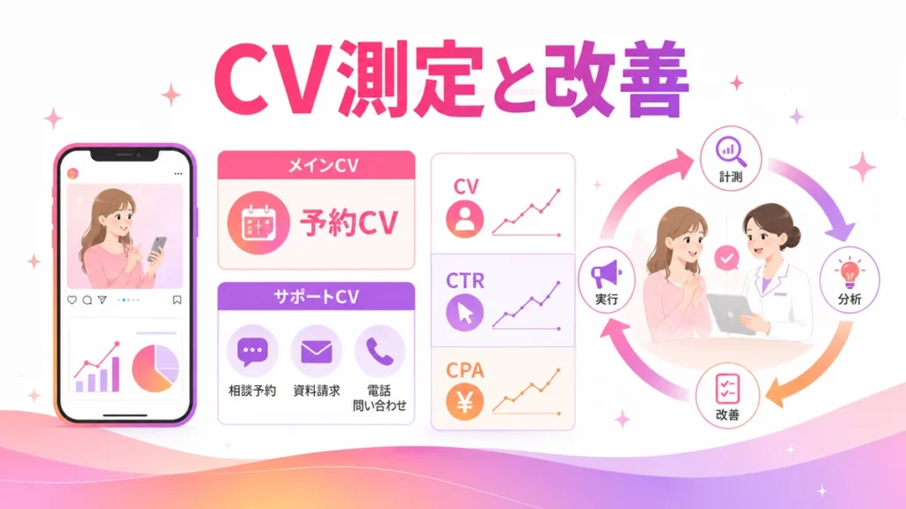 医療脱毛広告のCV測定と改善サイクルを示す図解