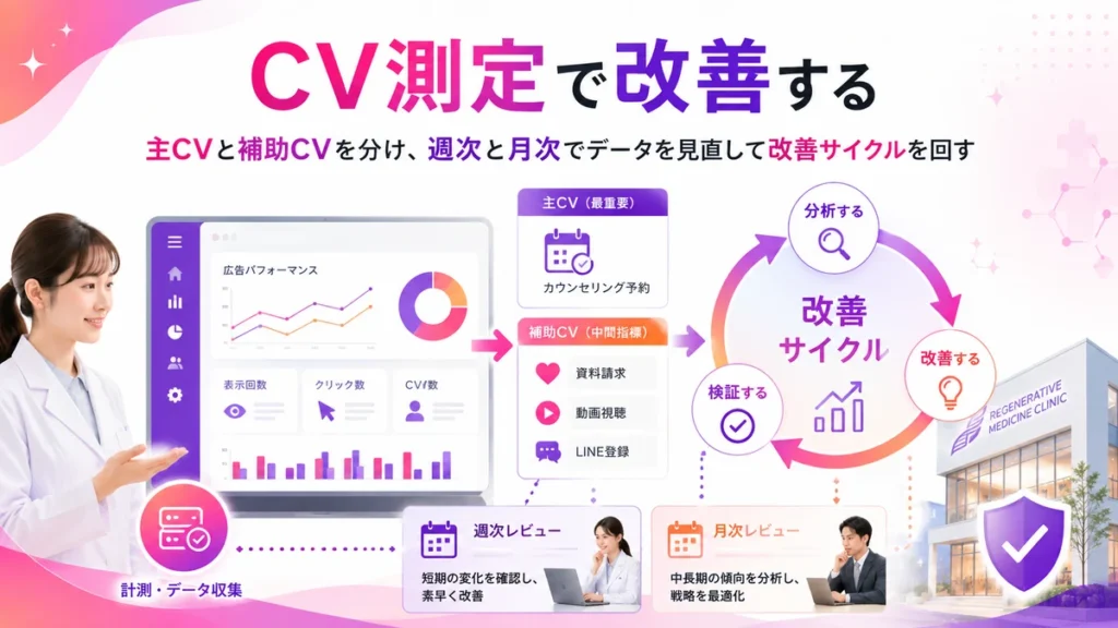 主CVと補助CVを分けて広告改善サイクルを回すイラスト