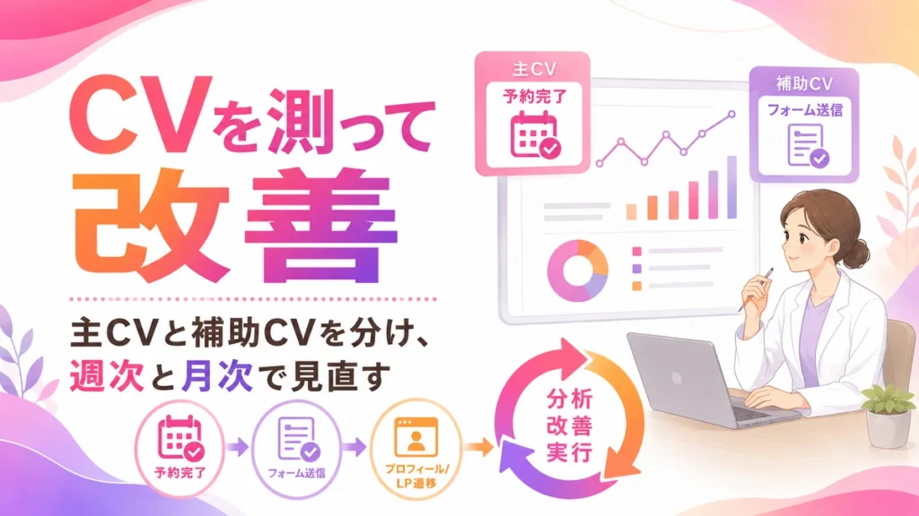 主CVと補助CVを分けて広告改善を回す分析フローのイラスト