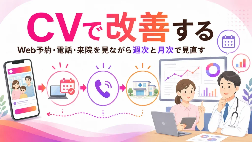 Web予約や電話、来院を見ながらCV改善する流れのイラスト