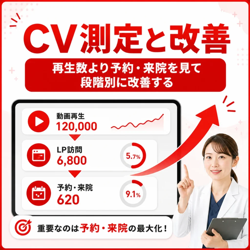 再生数ではなく予約や来院を重視してCV測定と改善を進める流れを示すイラスト