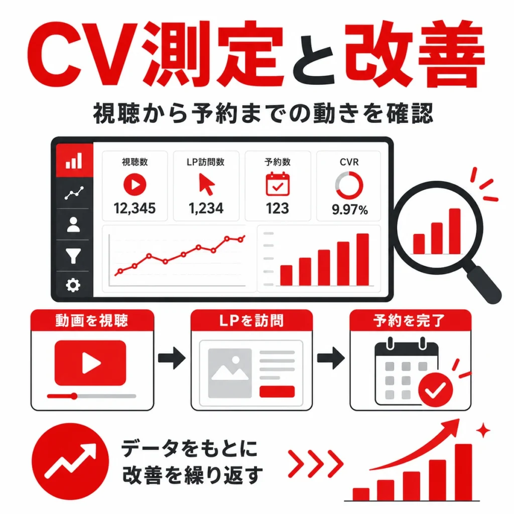 視聴からLP訪問、予約完了までのCV測定と改善サイクルを示すイラスト