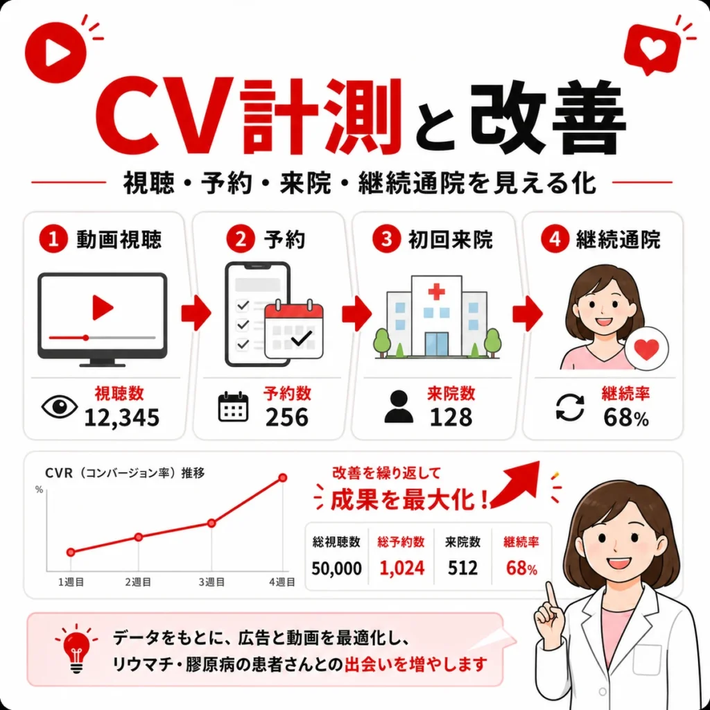 YouTube広告の視聴、予約、来院、継続通院をCV計測して改善する流れを示すイラスト