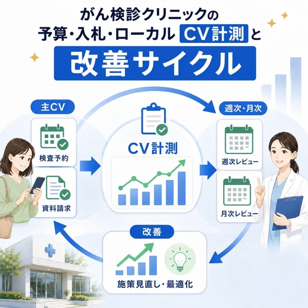 検査予約や資料請求などのCV計測から週次・月次改善へつなげるサイクルを示すイラスト
