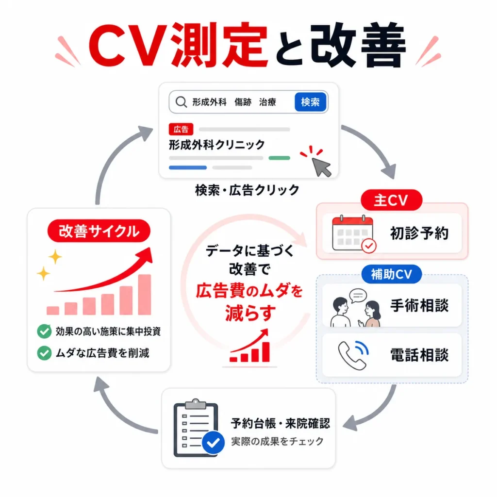 初診予約・手術相談・電話相談のCVを分けて測定し広告費を改善するサイクルを示すイラスト